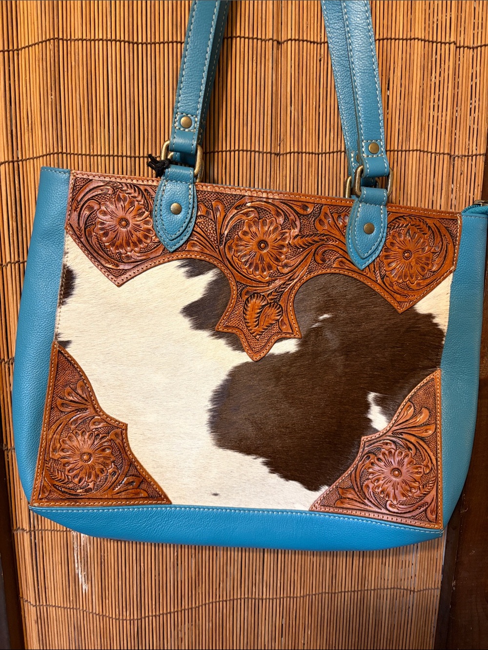 Turquoise Leather & Cowhide Tooled Tote Bag